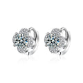 Four-Leaf Clover Round Moissanite Huggie Hoop Earrings with CZ in White Gold-Plated S925 sterling silver white background product photo showing the pair, stone shape, and huggie hoop earrings silhouette