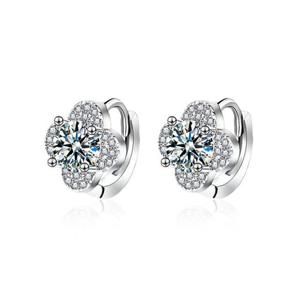Four-Leaf Clover Round Moissanite Huggie Hoop Earrings with CZ in White Gold-Plated S925 sterling silver white background product photo showing the pair, stone shape, and huggie hoop earrings silhouette