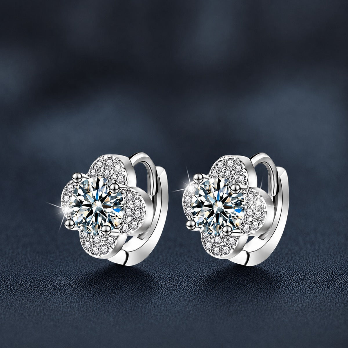 Four-Leaf Clover Round Moissanite Huggie Hoop Earrings with CZ in White Gold-Plated S925 sterling silver product scene view showing front sparkle