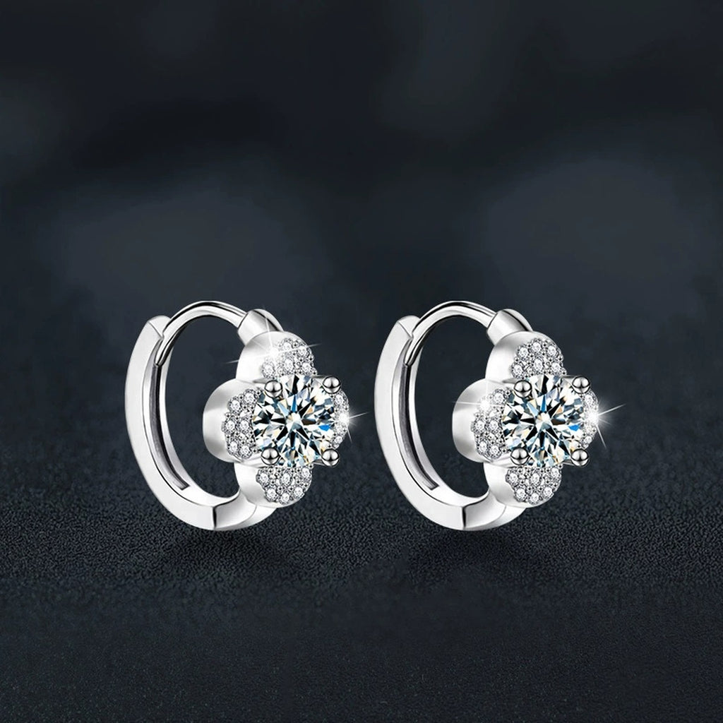 Four-Leaf Clover Round Moissanite Huggie Hoop Earrings with CZ in White Gold-Plated S925 sterling silver product scene view showing angled setting detail