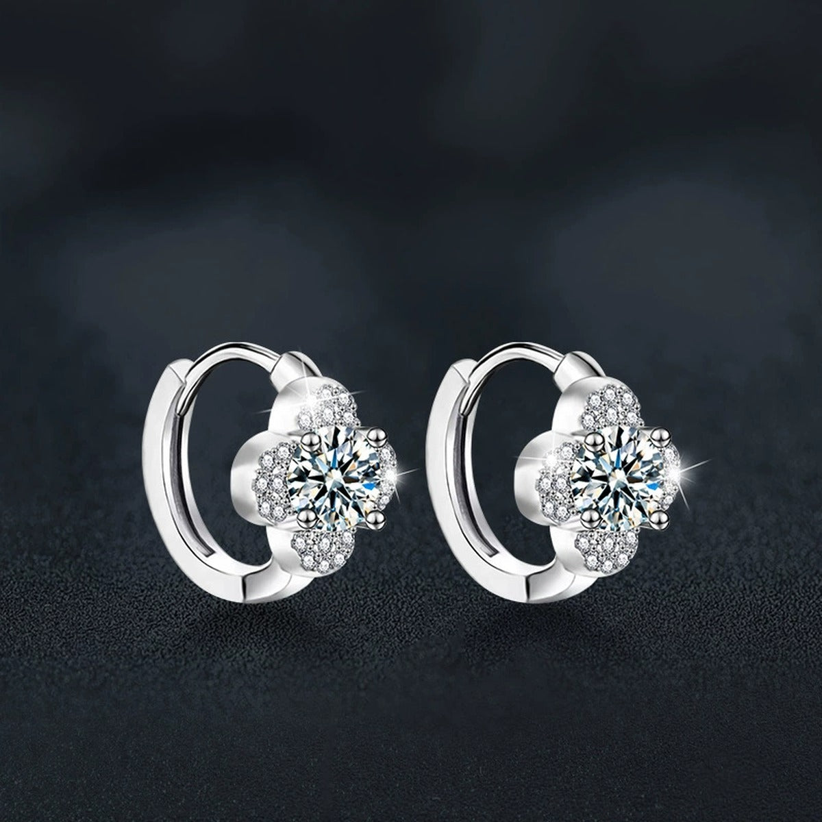 Four-Leaf Clover Round Moissanite Huggie Hoop Earrings with CZ in White Gold-Plated S925 sterling silver product scene view showing angled setting detail