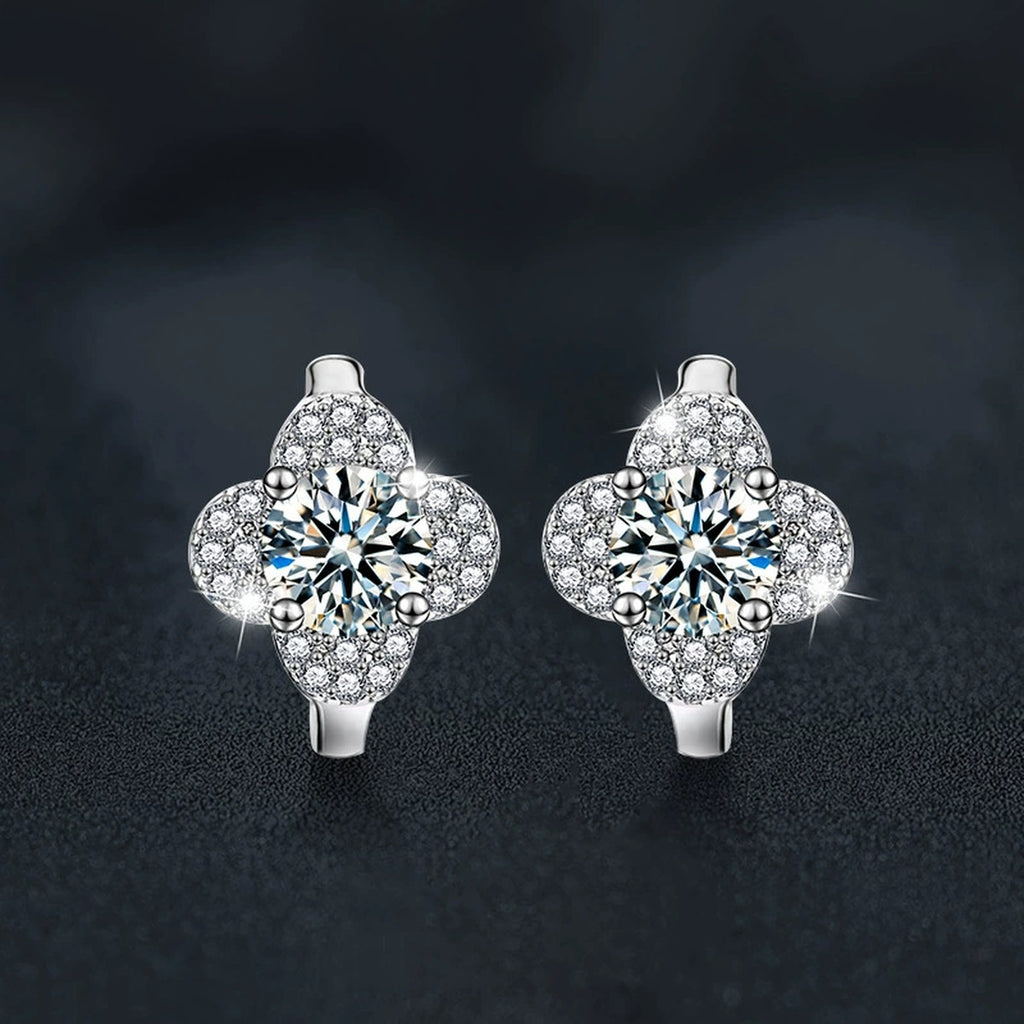 Four-Leaf Clover Round Moissanite Huggie Hoop Earrings with CZ in White Gold-Plated S925 sterling silver product scene view showing side profile