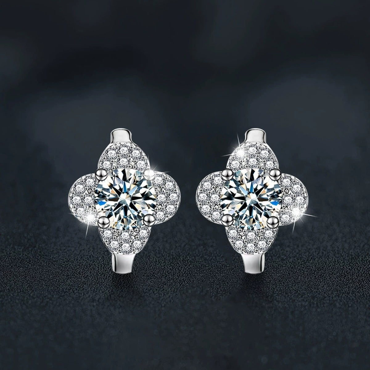 Four-Leaf Clover Round Moissanite Huggie Hoop Earrings with CZ in White Gold-Plated S925 sterling silver product scene view showing side profile