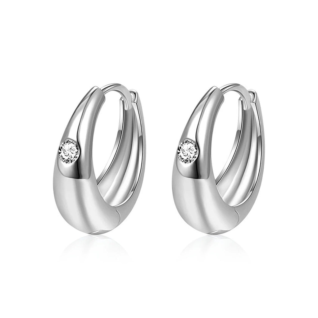 Polished Round Moissanite Hoop Earrings in White Gold-Plated S925 sterling silver white background product photo showing the pair, stone shape, and hoop earrings silhouette