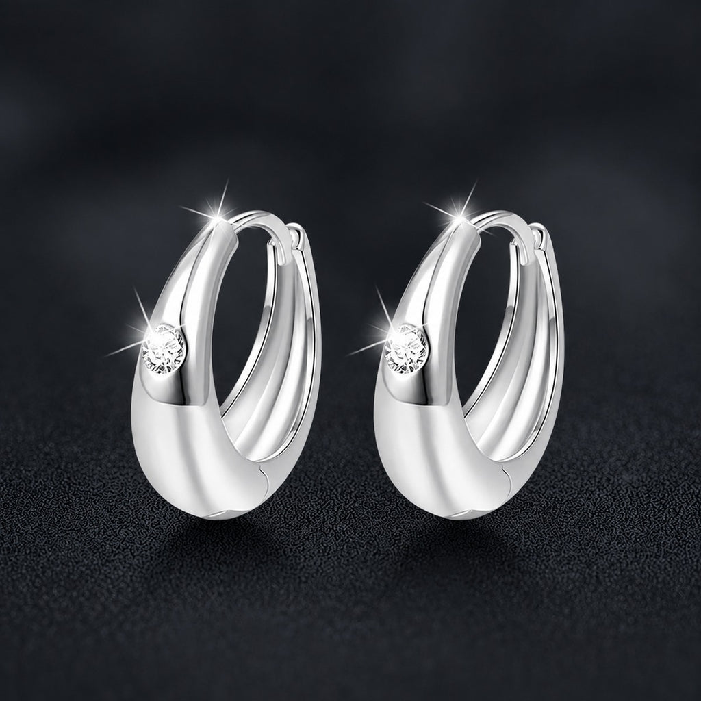 Polished Round Moissanite Hoop Earrings in White Gold-Plated S925 sterling silver product scene view showing front sparkle