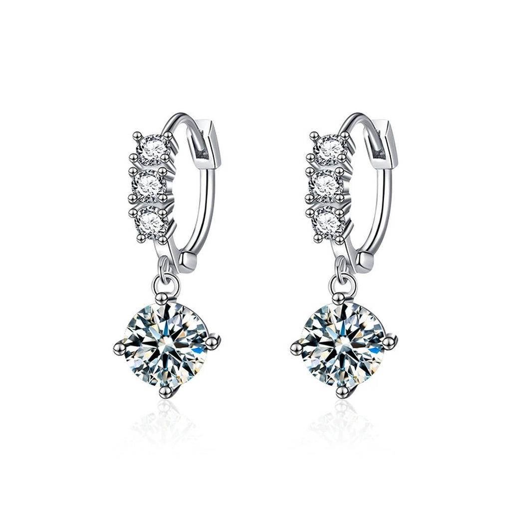 Graduated Round Moissanite Hoop Dangle Earrings with CZ in White Gold-Plated S925 sterling silver white background product photo showing the pair, stone shape, and hoop dangle earrings silhouette