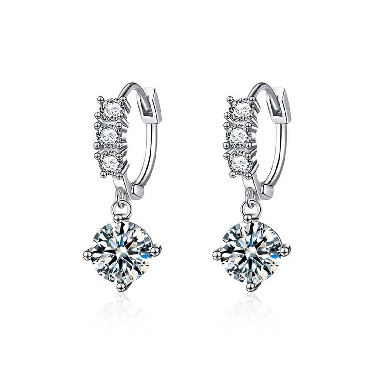 Graduated Round Moissanite Hoop Dangle Earrings with CZ in White Gold-Plated S925 sterling silver white background product photo showing the pair, stone shape, and hoop dangle earrings silhouette