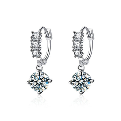 Graduated Round Moissanite Hoop Dangle Earrings with CZ in White Gold-Plated S925 sterling silver white background product photo showing the pair, stone shape, and hoop dangle earrings silhouette