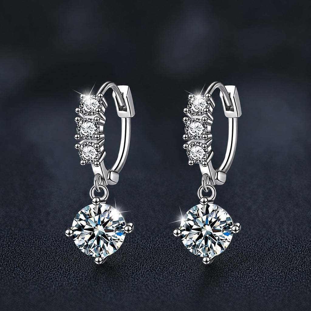 Graduated Round Moissanite Hoop Dangle Earrings with CZ in White Gold-Plated S925 sterling silver product scene view showing front sparkle