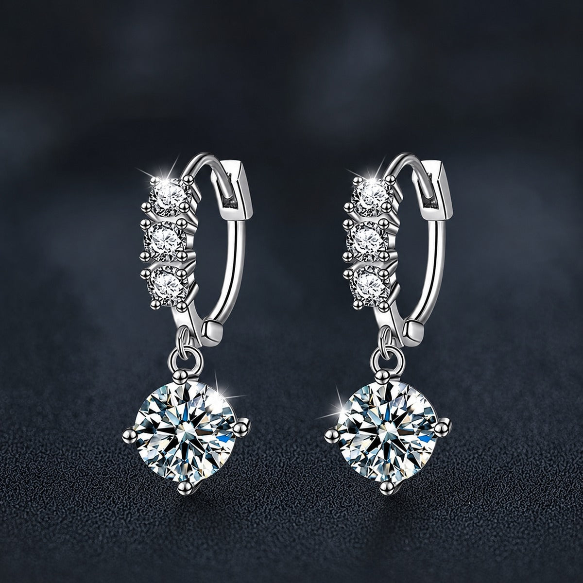 Graduated Round Moissanite Hoop Dangle Earrings with CZ in White Gold-Plated S925 sterling silver product scene view showing front sparkle