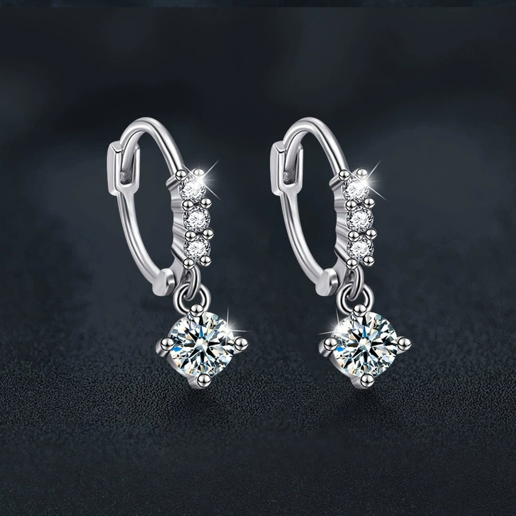 Graduated Round Moissanite Hoop Dangle Earrings with CZ in White Gold-Plated S925 sterling silver product scene view showing angled setting detail