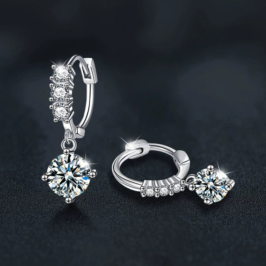 Graduated Round Moissanite Hoop Dangle Earrings with CZ in White Gold-Plated S925 sterling silver product scene view showing side profile