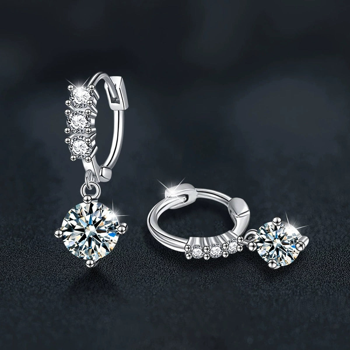 Graduated Round Moissanite Hoop Dangle Earrings with CZ in White Gold-Plated S925 sterling silver product scene view showing side profile