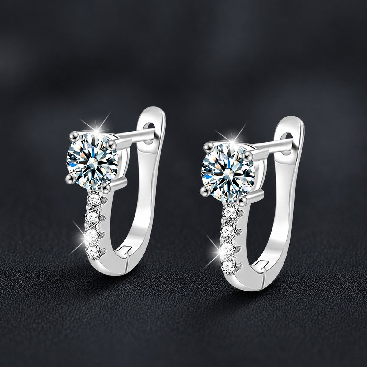 Round Moissanite Pavé Huggie Hoop Earrings with CZ in Gold-Plated S925 sterling silver product scene view showing angled setting detail