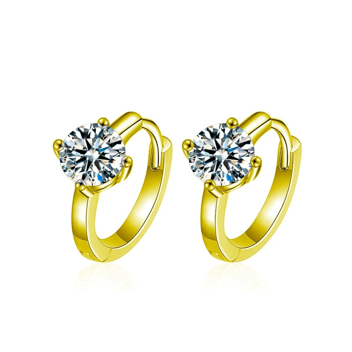 Four-Prong Round Moissanite Huggie Hoop Earrings in Gold-Plated S925 sterling silver white background product photo showing the pair, stone shape, and huggie hoop earrings silhouette