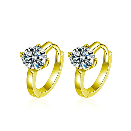 Four-Prong Round Moissanite Huggie Hoop Earrings in Gold-Plated S925 sterling silver white background product photo showing the pair, stone shape, and huggie hoop earrings silhouette