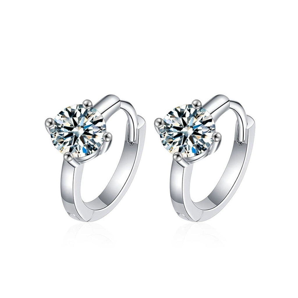 Four-Prong Round Moissanite Huggie Hoop Earrings in Gold-Plated S925 sterling silver product scene view showing front sparkle