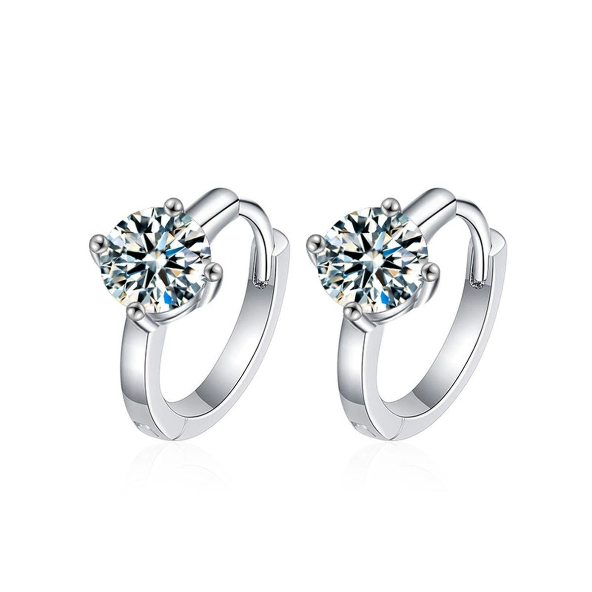 Four-Prong Round Moissanite Huggie Hoop Earrings in Gold-Plated S925 sterling silver product scene view showing front sparkle
