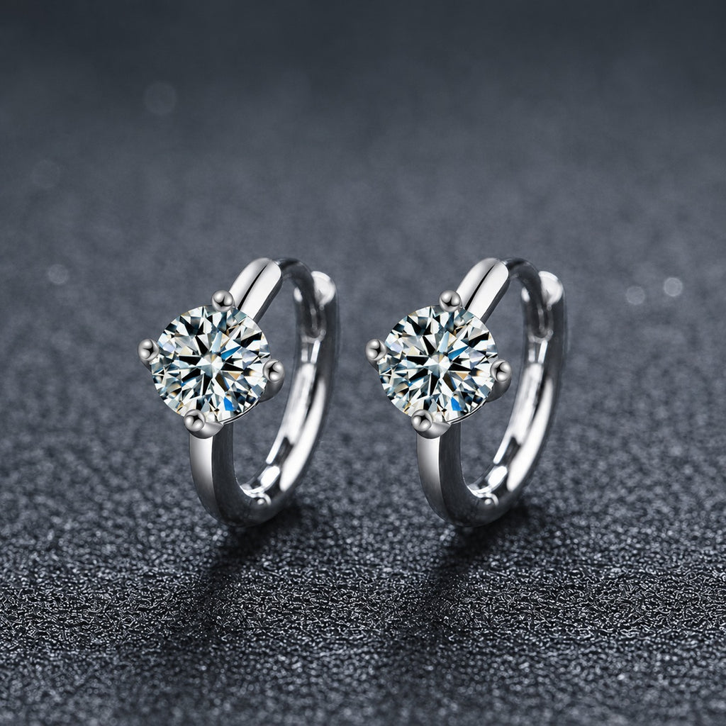Four-Prong Round Moissanite Huggie Hoop Earrings in Gold-Plated S925 sterling silver product scene view showing angled setting detail