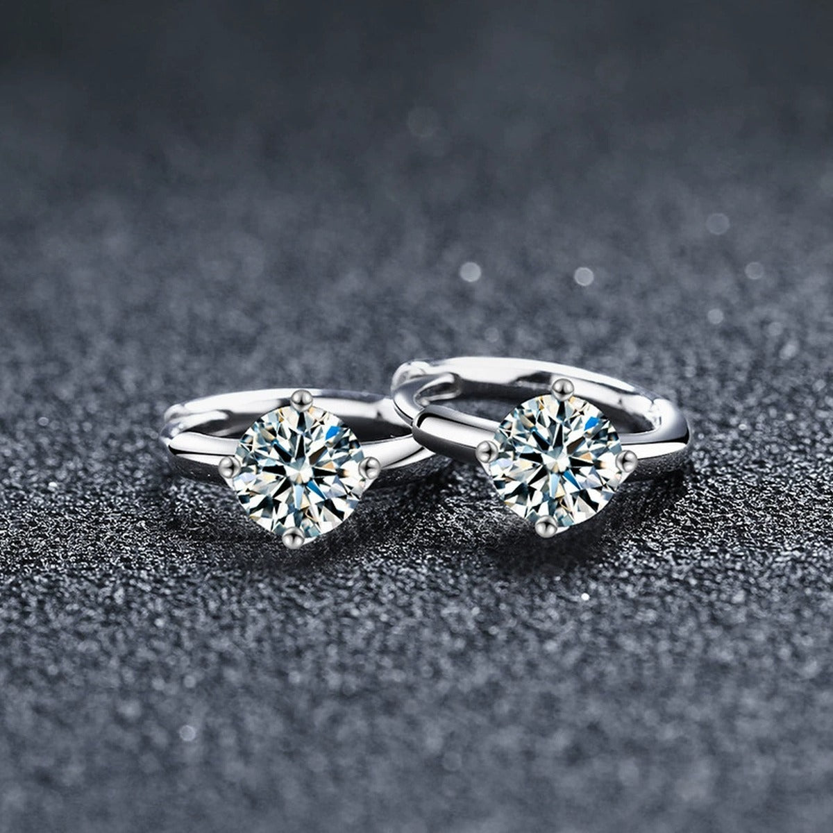 Four-Prong Round Moissanite Huggie Hoop Earrings in Gold-Plated S925 sterling silver product scene view showing pair comparison