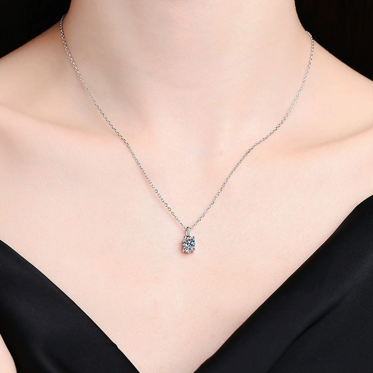 oval moissanite pendant necklace worn by model