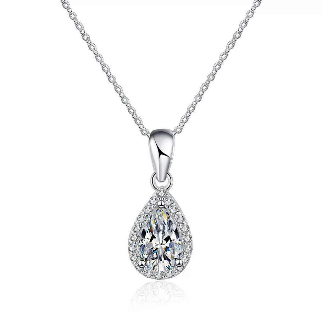 pear moissanite halo pendant necklace on white background