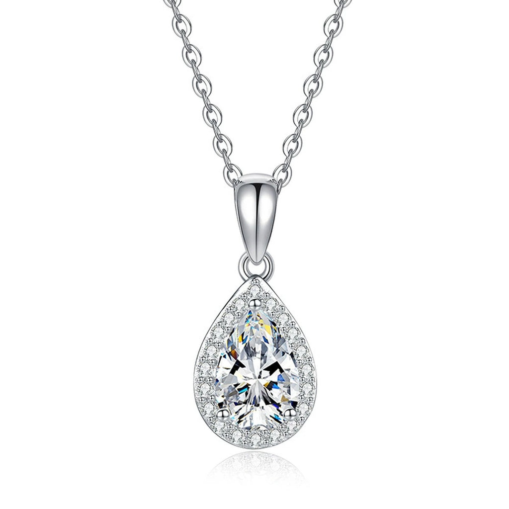 Oval Lab-Grown Gemstone and Moissanite Pendant Necklace in White Gold-Plated S925 Sterling Silver on clean white background showing the oval gemstone pendant with a halo of side stones