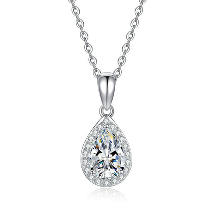 Oval Lab-Grown Gemstone and Moissanite Pendant Necklace in White Gold-Plated S925 Sterling Silver on clean white background showing the oval gemstone pendant with a halo of side stones