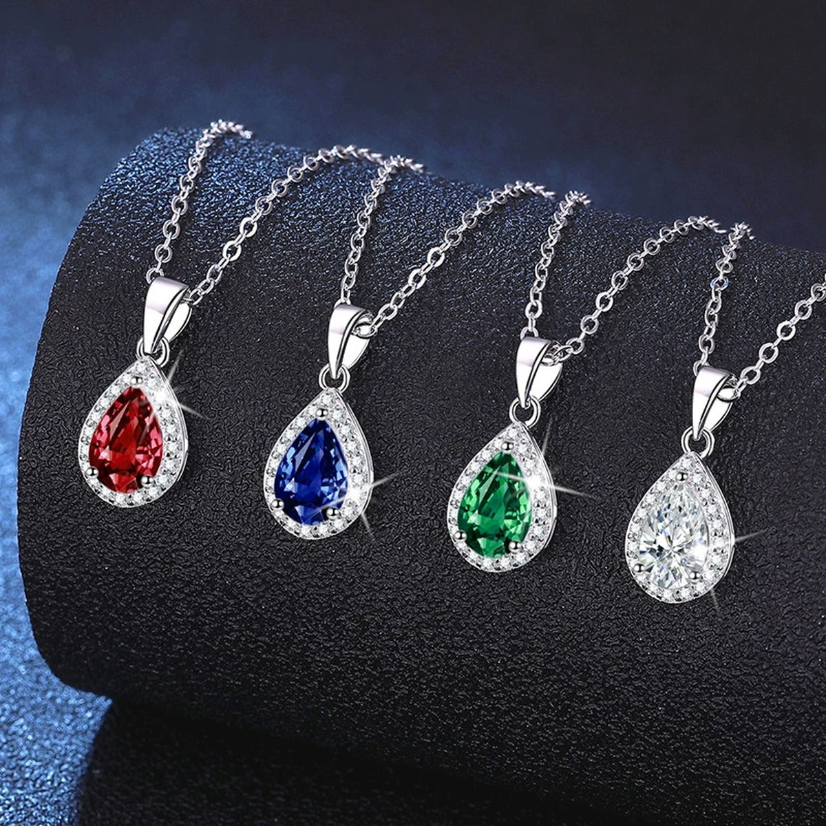 Oval Lab-Grown Gemstone and Moissanite Pendant Necklace in White Gold-Plated S925 Sterling Silver dark background product display view