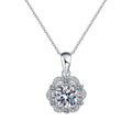 round moissanite floral halo pendant necklace on white background