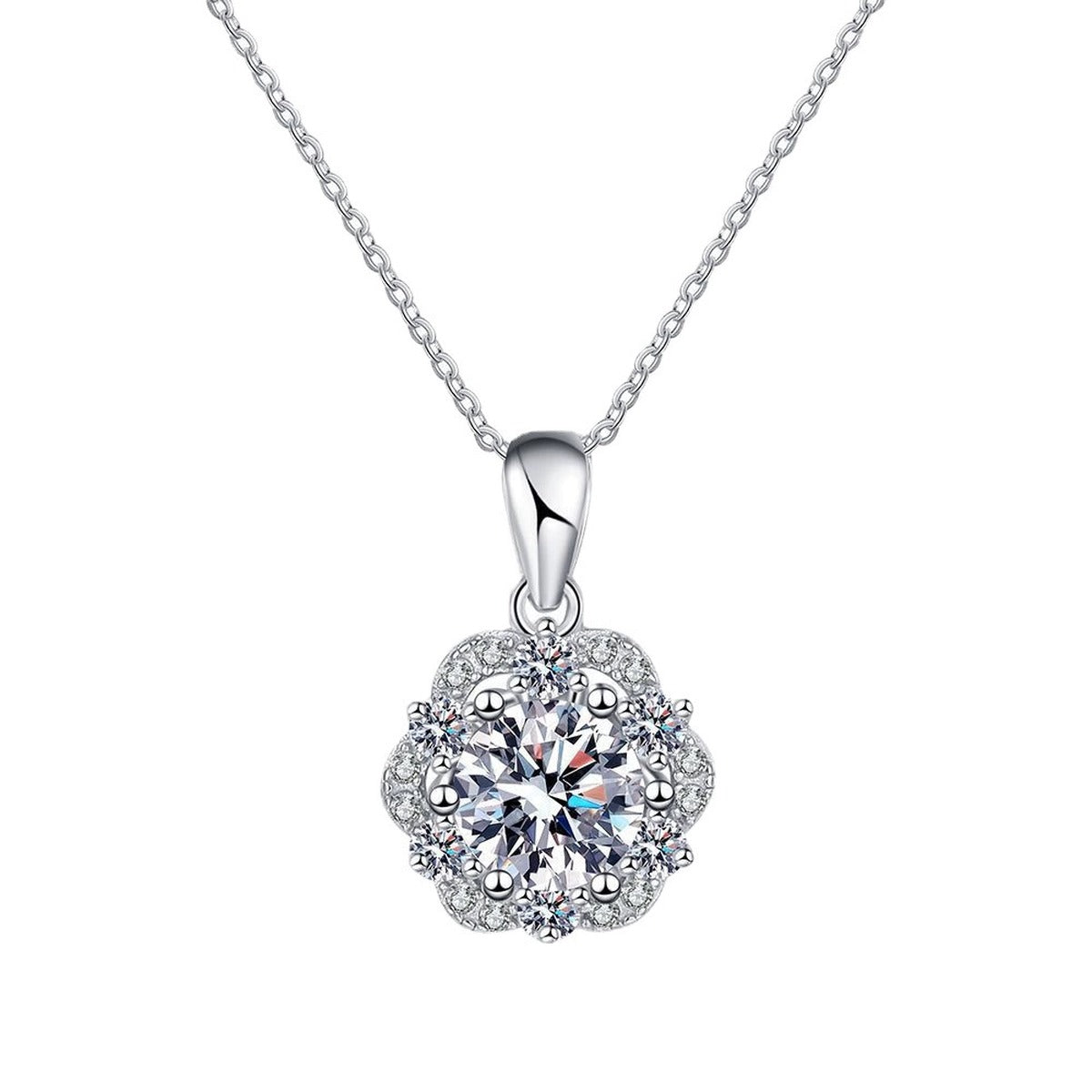 round moissanite floral halo pendant necklace on white background