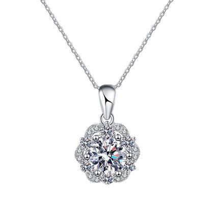round moissanite floral halo pendant necklace on white background