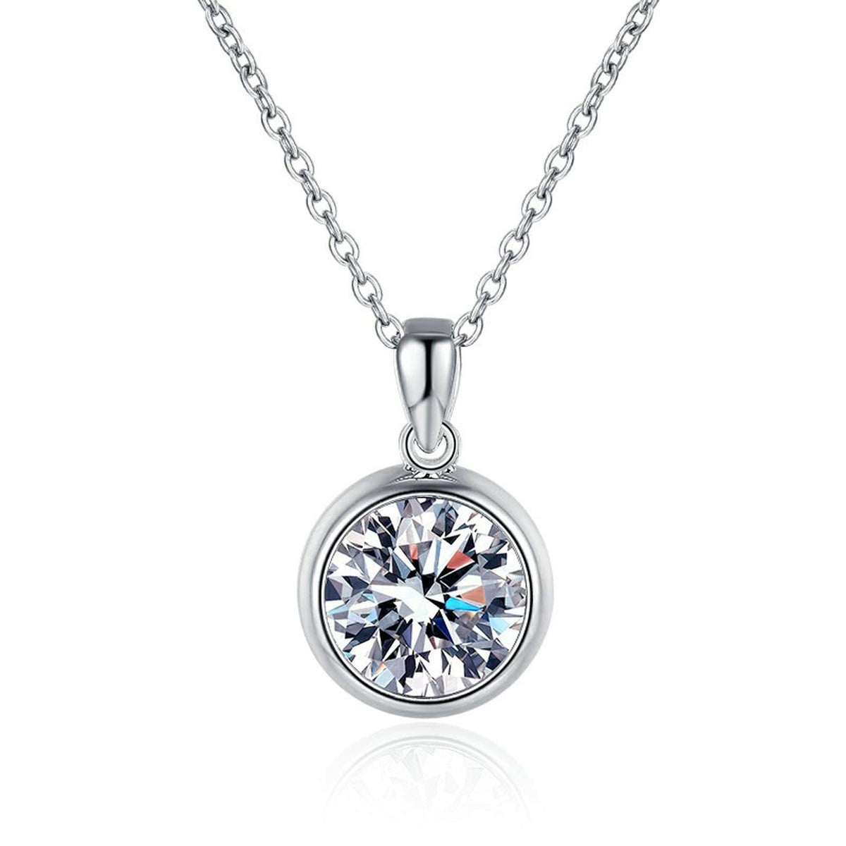 bezel round moissanite pendant necklace on white background