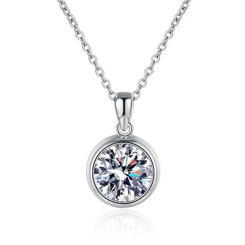 bezel round moissanite pendant necklace on white background