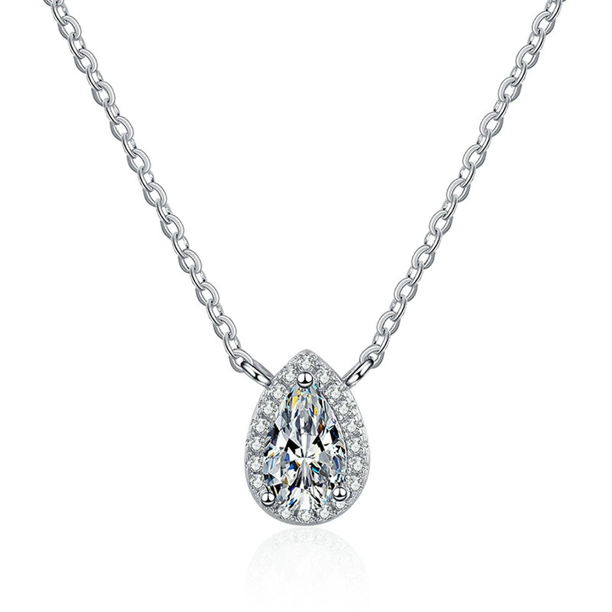 pear moissanite halo pendant necklace on white background