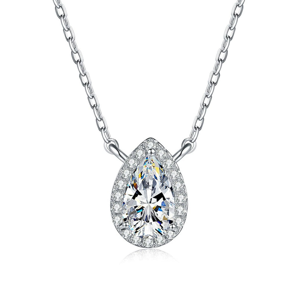 Pear Lab-Grown Gemstone and Moissanite Pendant Necklace in White Gold-Plated S925 Sterling Silver on clean white background showing the pear-shaped gemstone pendant with a delicate halo frame