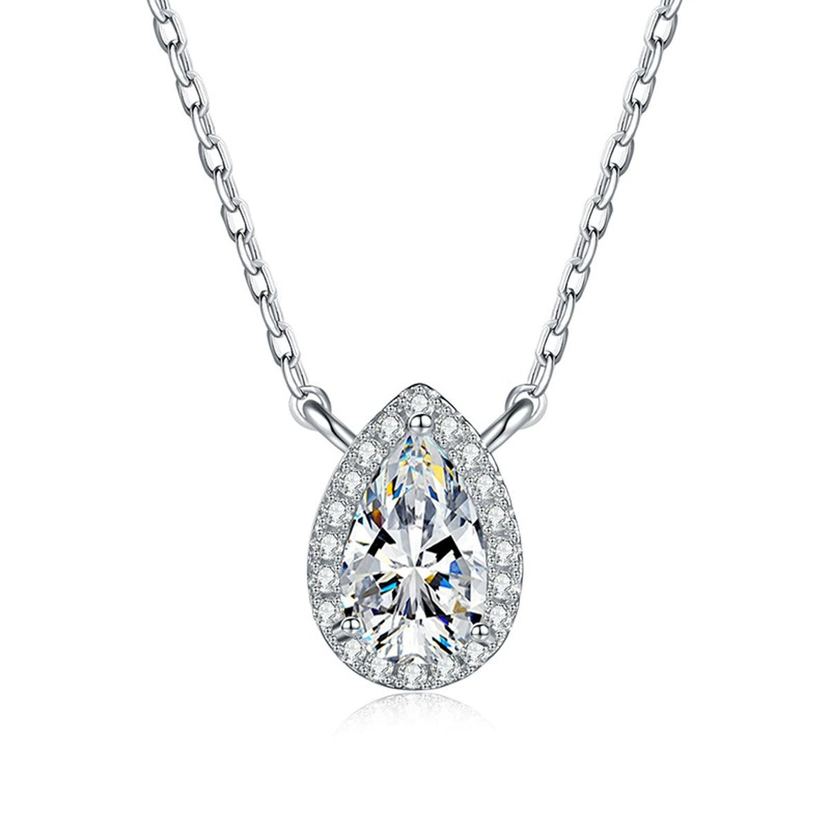 Pear Lab-Grown Gemstone and Moissanite Pendant Necklace in White Gold-Plated S925 Sterling Silver on clean white background showing the pear-shaped gemstone pendant with a delicate halo frame
