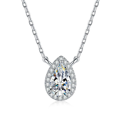 Pear Lab-Grown Gemstone and Moissanite Pendant Necklace in White Gold-Plated S925 Sterling Silver on clean white background showing the pear-shaped gemstone pendant with a delicate halo frame