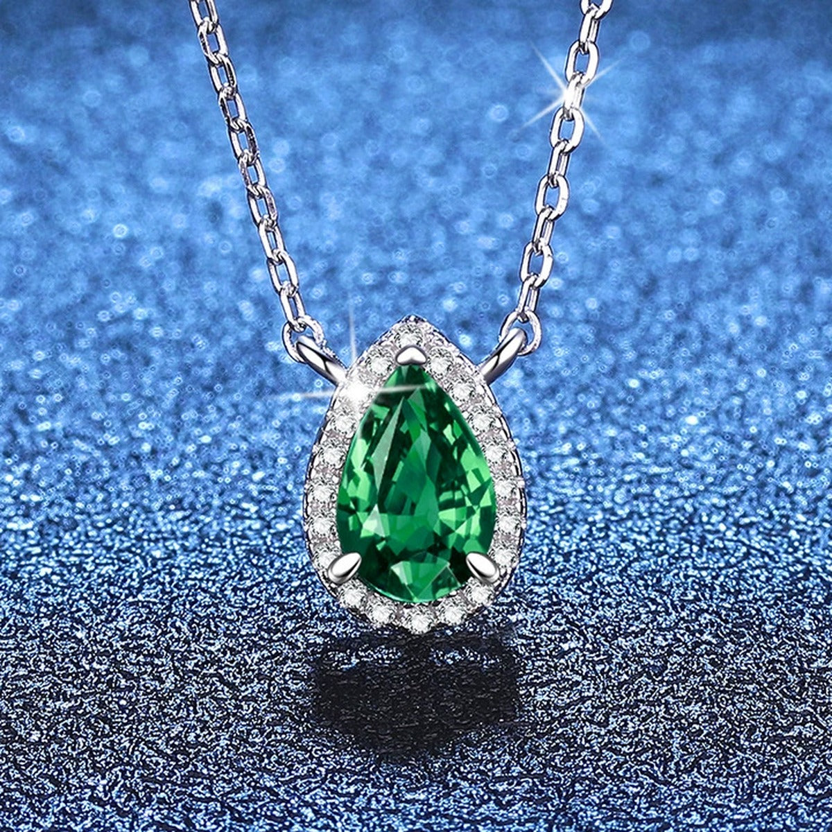 Pear Lab-Grown Gemstone and Moissanite Pendant Necklace in White Gold-Plated S925 Sterling Silver blue background product view