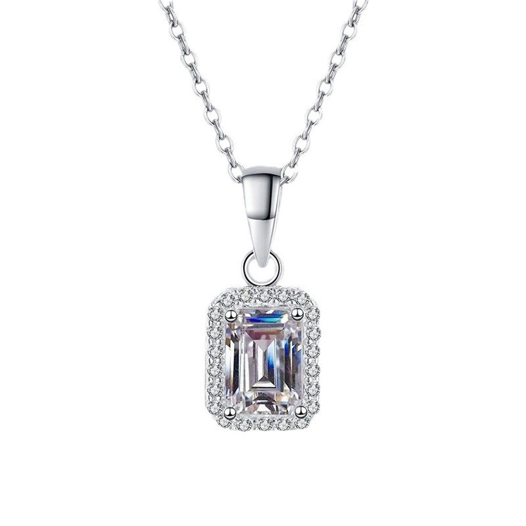 emerald and radiant cut moissanite halo pendant necklace on white background