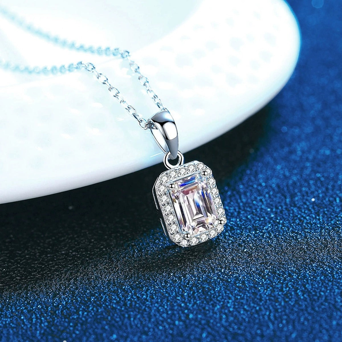 emerald cut moissanite halo pendant necklace product view