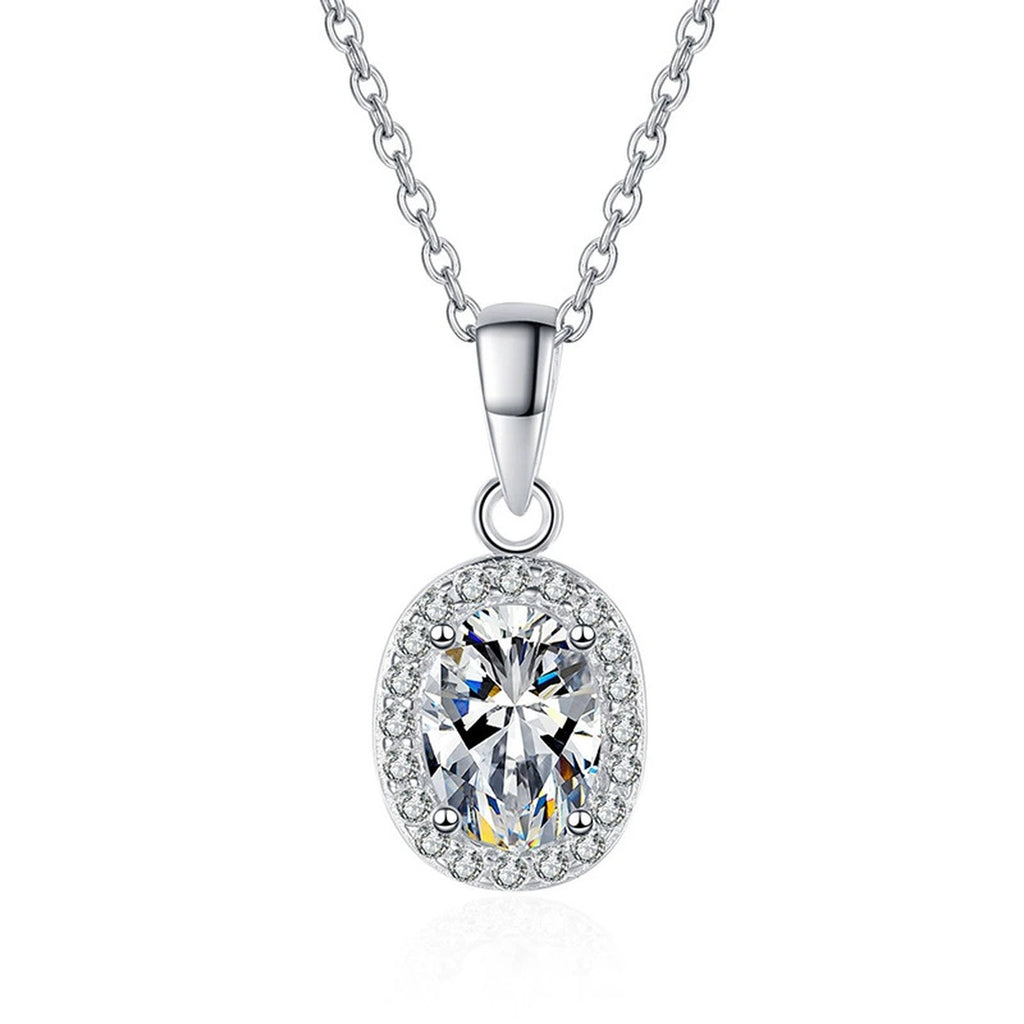 oval moissanite halo pendant necklace on white background