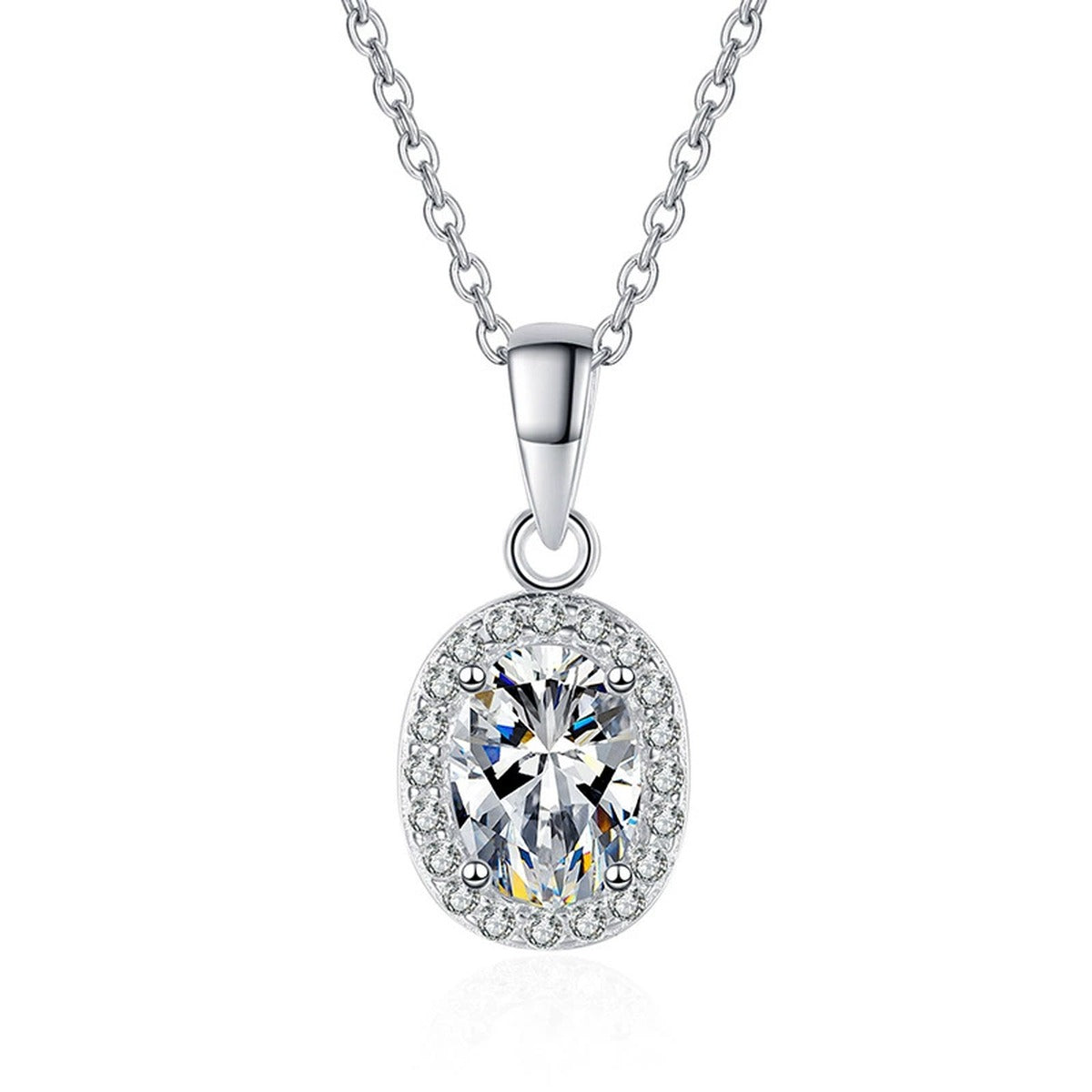 oval moissanite halo pendant necklace on white background