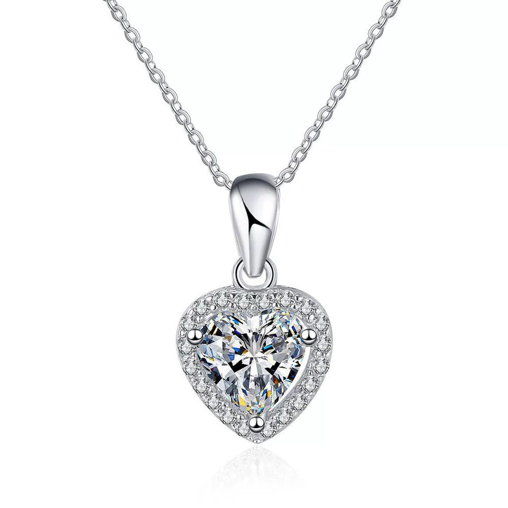 heart moissanite halo pendant necklace on white background