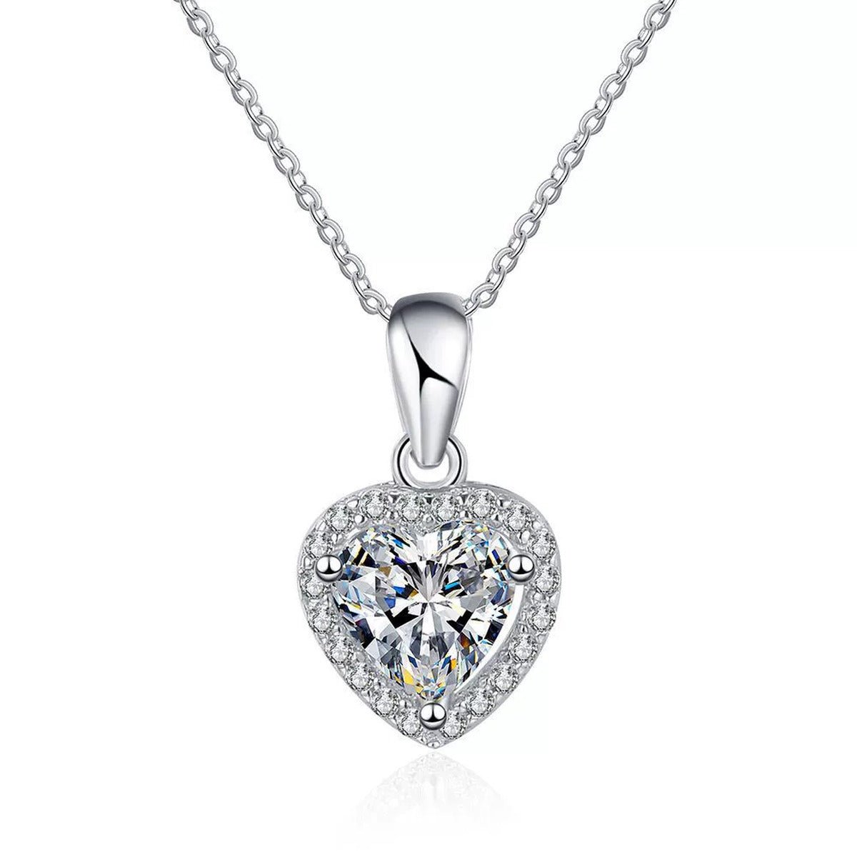heart moissanite halo pendant necklace on white background