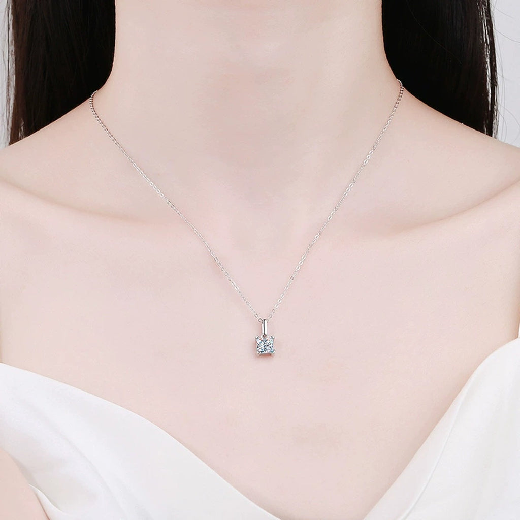 Cushion Moissanite Pendant Necklace in White Gold-Plated S925 Sterling Silver worn on neckline by model