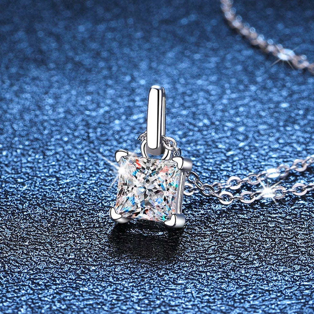 Cushion Moissanite Pendant Necklace in White Gold-Plated S925 Sterling Silver blue background product view