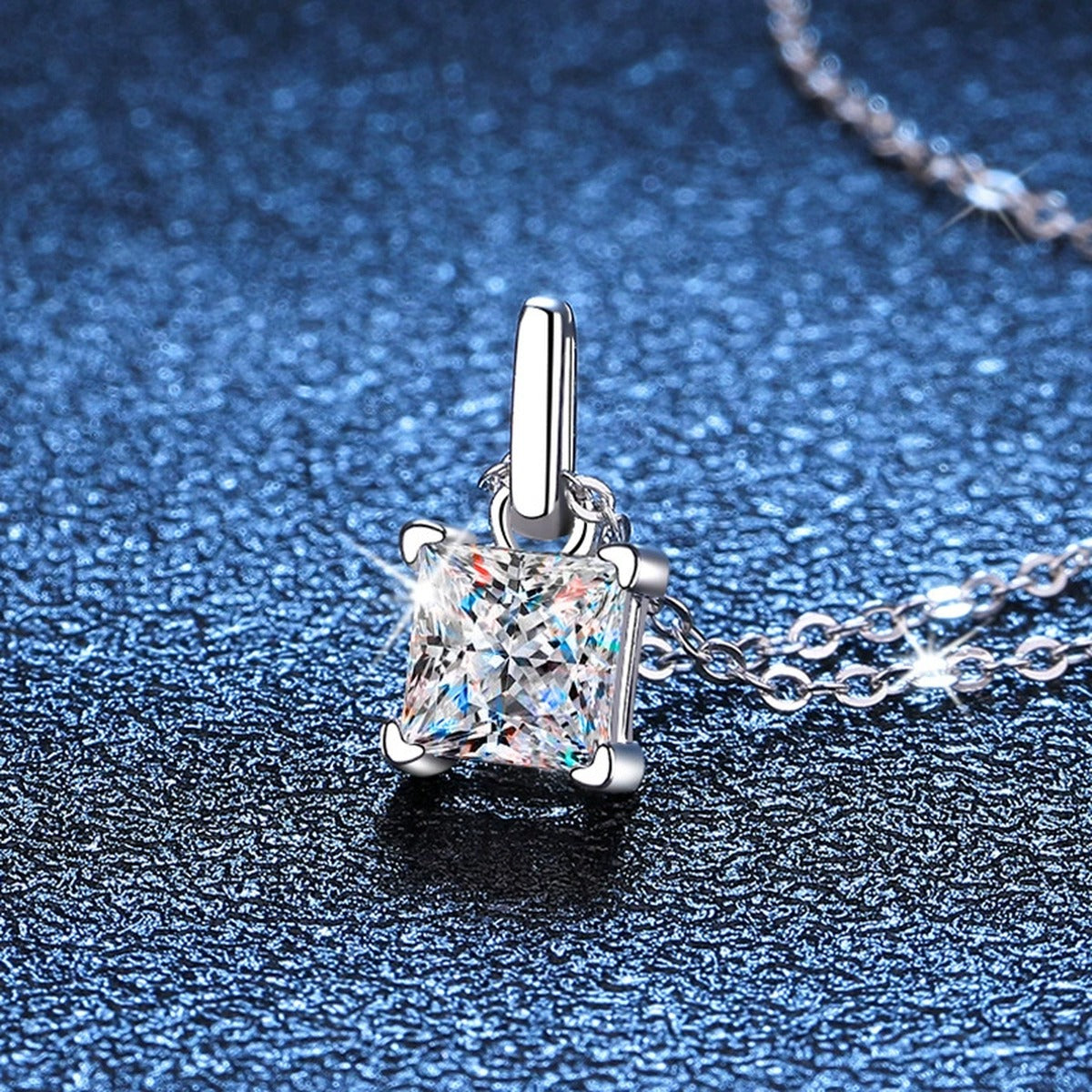 Cushion Moissanite Pendant Necklace in White Gold-Plated S925 Sterling Silver blue background product view