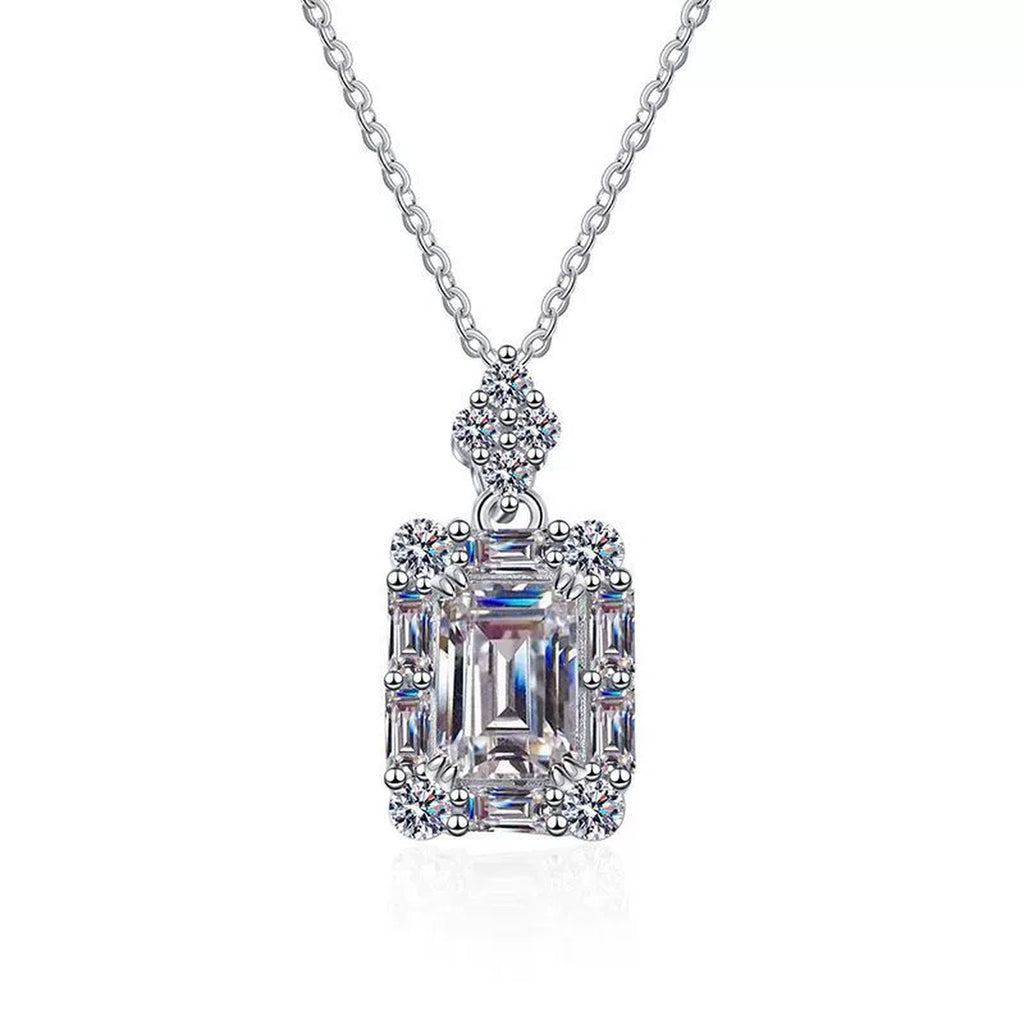 emerald cut moissanite pendant necklace on white background product view