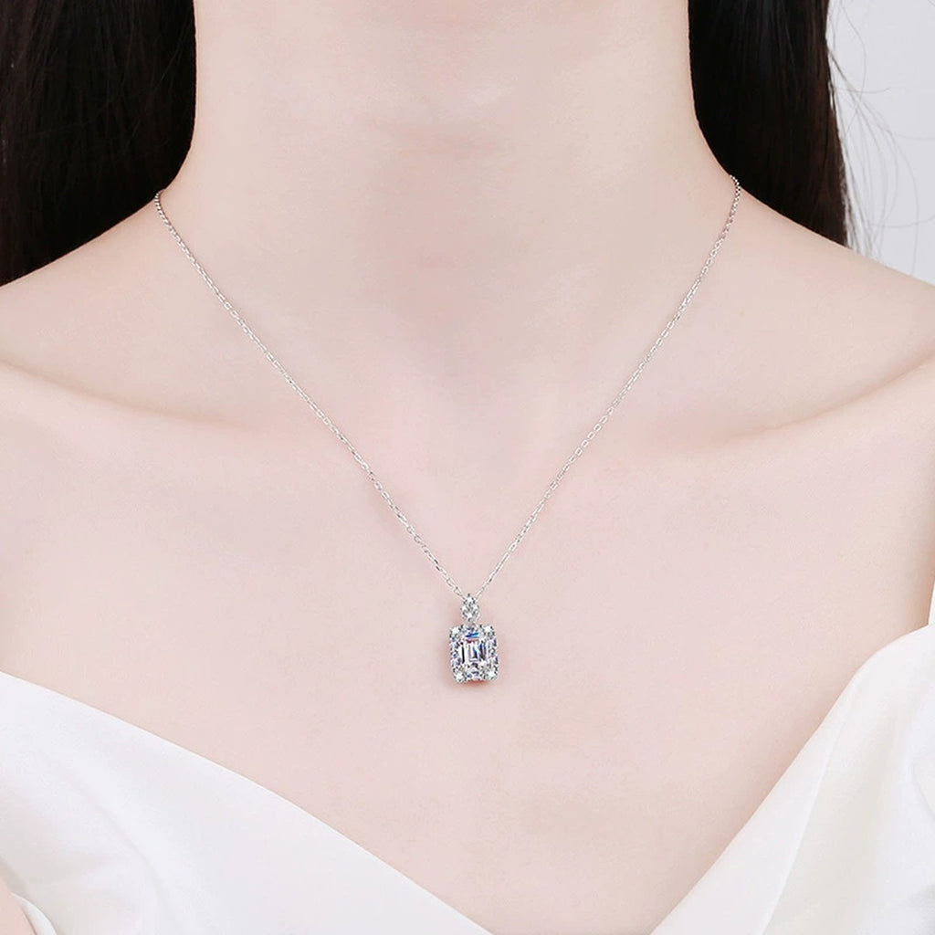 emerald cut moissanite pendant necklace model or lifestyle view